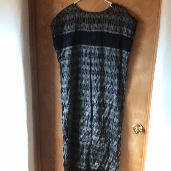 Silk vintage Ikat patterned maxi sheath dress size large navy and silver - Picture 5 of 5